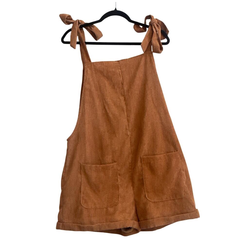 Golden Tan Corduroy Short Overalls Romper with Tie Up Shoulders and Pockets